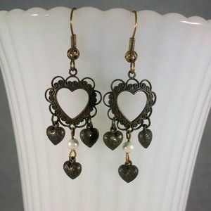 Filigree Heart Pearl Bead Puff Heart Dangle Earrings
